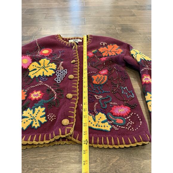 Vtg 80s Segue Womens Maroon Floral Embroidery Button Up Sweater Size M Medium - Picture 7 of 8